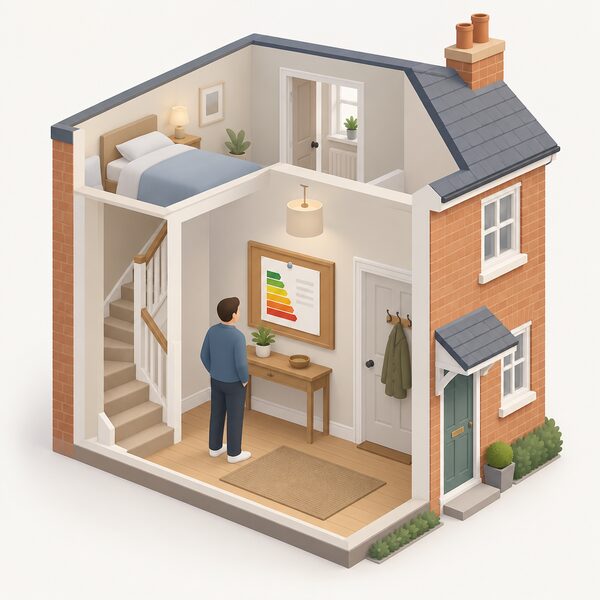 A simplified isometric house with an energy performance certificate document shown as a physical paper sheet pinned to a notice board in its hallway, its rating bands drawn as plain colour blocks with blank lines instead of any readable words or numbers.