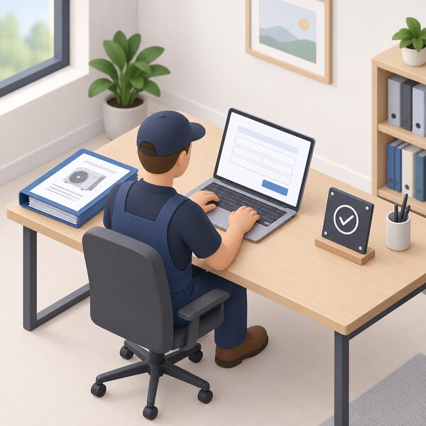 An isometric installer figure at a desk in a home office, submitting a voucher application on a laptop screen shown as plain blank fields, with a heat pump installation folder of documents beside them and a small MCS certification plaque on the desk, representing the installer's role in the two-stage application process.