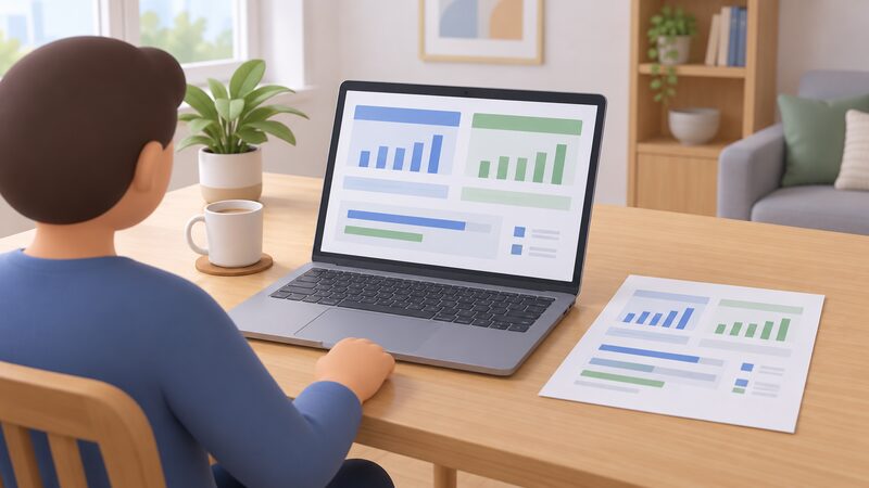 A laptop on a home table showing a statistics dashboard webpage with plain bar charts and colour blocks tracking two schemes' delivery figures, with a printed quarterly report sheet beside it.