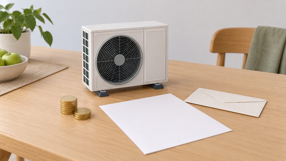 A small model of an air source heat pump outdoor fan unit stands on a kitchen table beside a blank quote sheet, a plain envelope and a short stack of coins, suggesting a grant deducted from an installer's quote.