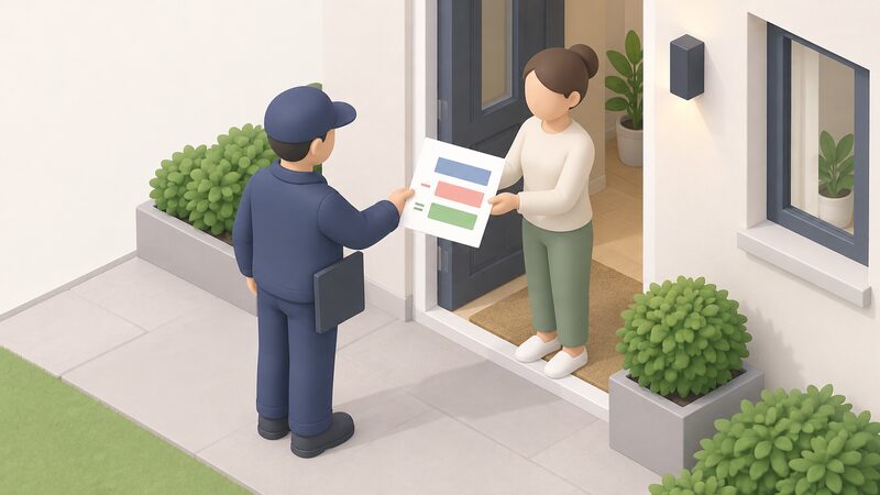 A simplified isometric scene of an installer handing a householder a printed quote sheet at the front door, with the sheet showing plain colour bands representing the full quote, a grant discount block deducted from it, and a smaller remaining balance block, no readable figures.