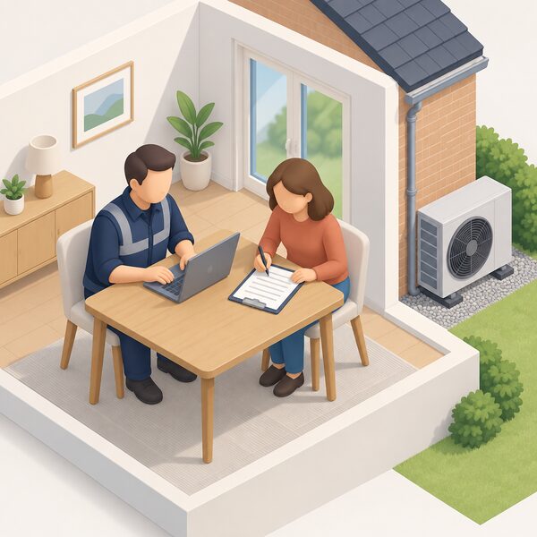 An MCS certified installer sits at a laptop submitting the grant application on the property owner's behalf, while the owner beside them signs a consent form, with an air source heat pump unit visible outside the property wall behind them.