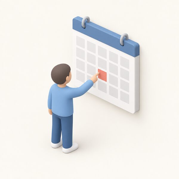 A wall calendar hanging on a plain interior wall, drawn as a physical object with a plain colour band marking one highlighted date square and blank unlabelled squares around it, with a simplified isometric figure standing beside it pointing at the marked square.