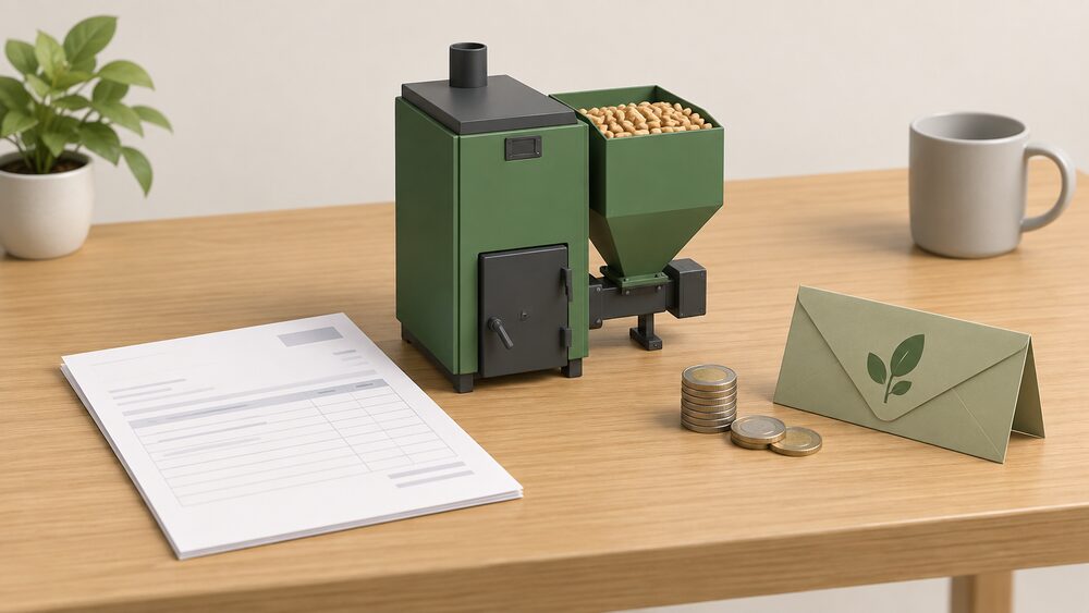 A small model of a standalone biomass boiler with a hopper sits on a wooden table beside a blank installer's invoice, a folded voucher-style envelope and a small stack of coins, suggesting a grant discounted from the installation cost.