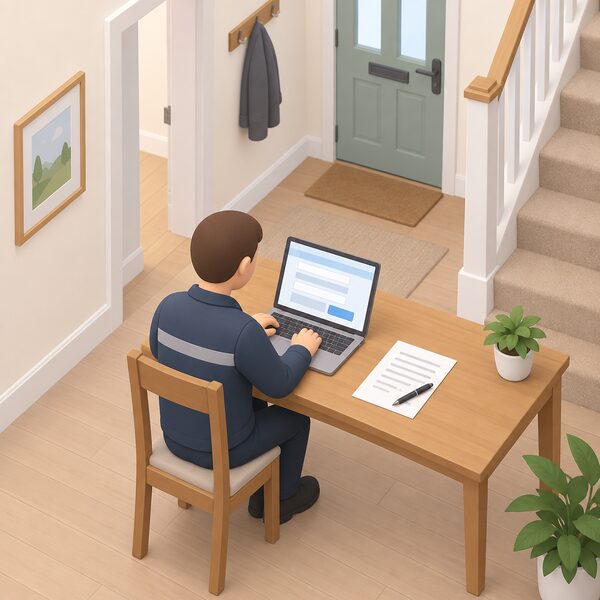An installer at a laptop in a home's hallway submits the stage 1a voucher application to Ofgem on the property owner's behalf, with a signed owner consent form on the table beside them and no boiler installed yet.