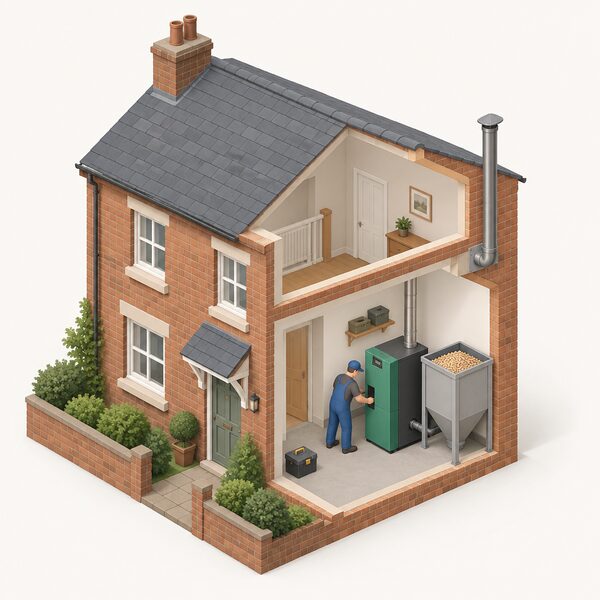 An older existing brick home shown in cutaway, with a small isometric installer fitting a pellet biomass boiler in the utility room, connected to a flue rising through the external wall and a pellet hopper beside it, clearly a retrofit rather than a new build.