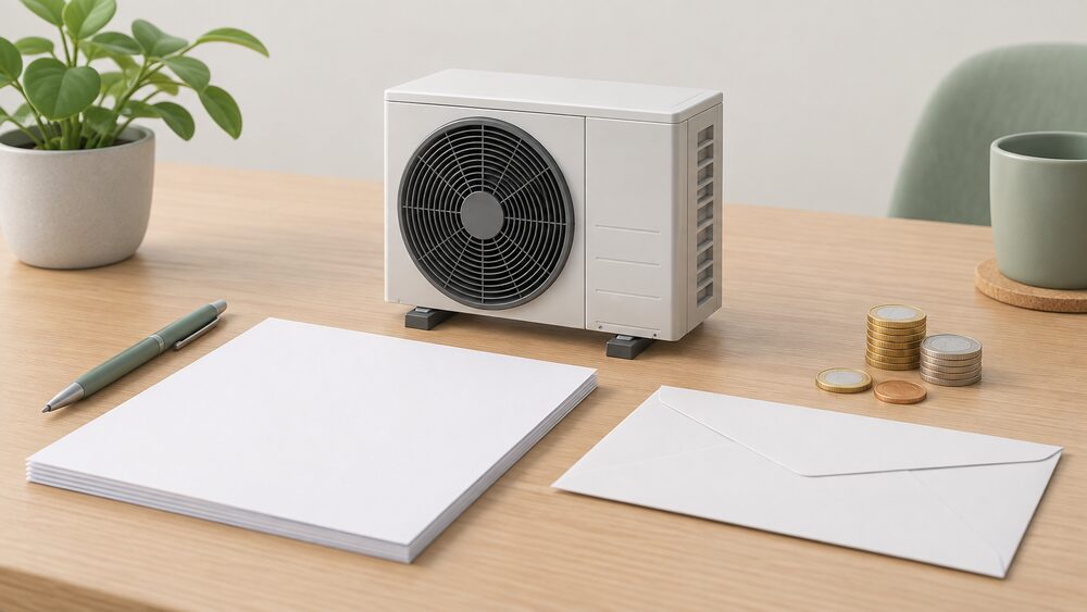 A small model of an air source heat pump outdoor fan unit stands on a table beside blank application paperwork, a blank envelope and a few coins, all lit by plain daylight.