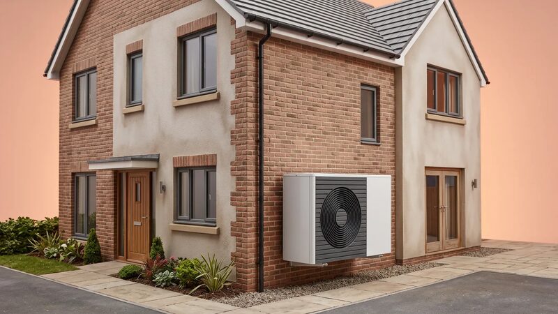 A two-storey brick house with an air source heat pump unit mounted on its side wall