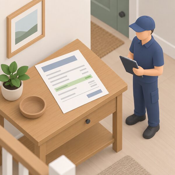 A paper invoice for a heat pump installation lying on a table in a home hallway, with a grant deduction shown as a plain colour band among blank lines, and a simplified isometric installer figure standing nearby holding a clipboard.