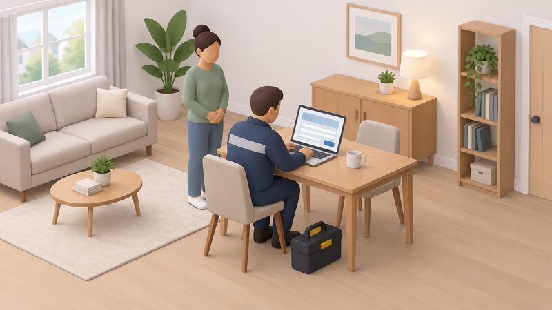 An installer sits at a table in a home's living room with a laptop open to a voucher application screen shown as blank lines and plain blocks, while the householder stands nearby having given consent, with no paperwork being filled in by the householder.