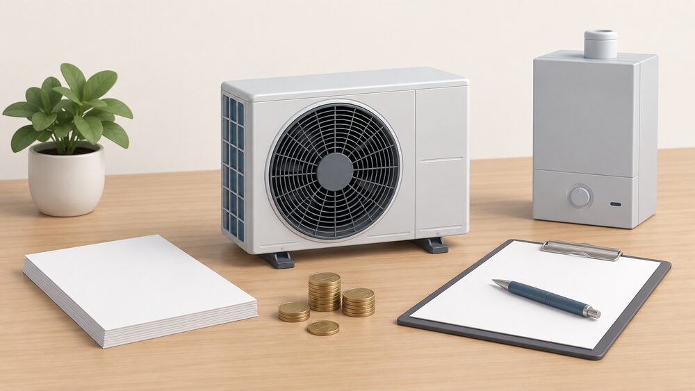 A small model of an air source heat pump outdoor fan unit stands on a table beside blank paperwork, a clipboard with a pen, and a few coins, with a small grey model gas boiler set slightly apart to one side.