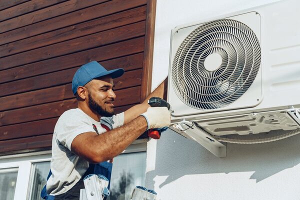 A technician in a blue cap and overalls using a drill to install an air source heat pump outdoor unit on a house wall