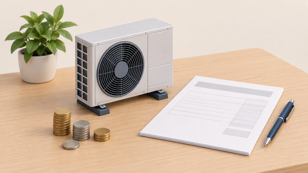 A small model of an air-to-water heat pump outdoor fan unit stands on a table beside blank itemised quote paperwork, a pen and a few coins, suggesting the grant being deducted from an installation quote.