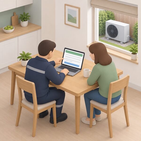 An installer at a kitchen table with the property owner applies for a Boiler Upgrade Scheme grant voucher on a laptop, the voucher shown on screen as plain colour bands and blank lines, with an air source heat pump unit visible outside the window.