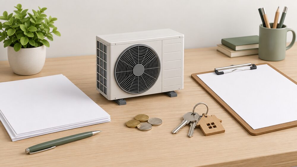 A small model of an air source heat pump standing on a desk beside blank application paperwork, a clipboard, a set of house keys and a few coins, suggesting a grant application for a rented or second property.