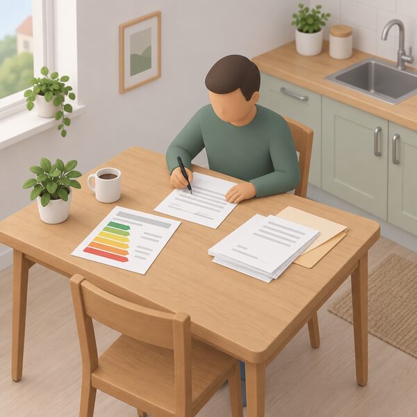 A landlord's kitchen table with an energy performance certificate laid out as a printed paper document beside ordinary household paperwork, a simplified figure seated holding a pen over a consent form, the certificate showing only blank lines and plain colour bands.
