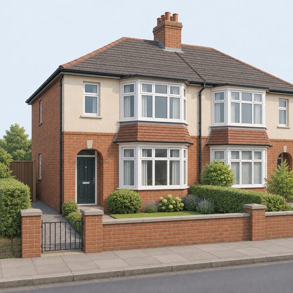An ordinary British semi-detached house seen from the pavement, drawn as a plain privately owned home with a front door, bay windows, a small front garden and a low boundary wall, with no signage, plaques or landlord markings of any kind.