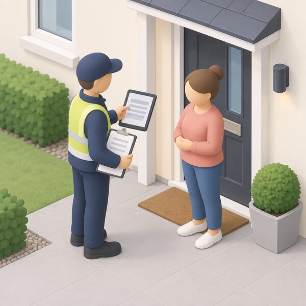 A small simplified installer figure stands at the front door of a domestic house holding a tablet and a clipboard of paperwork, applying for the grant on the owner's behalf, with the owner figure standing nearby having just given consent.