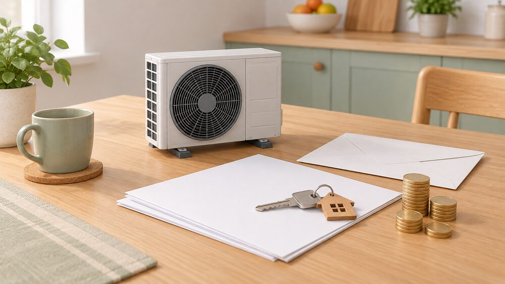 A small model of an air source heat pump outdoor fan unit stands on a kitchen table beside blank application paperwork, a plain envelope and a short stack of coins, with a house key resting on the papers.