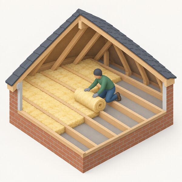A cutaway view of a house roof space where a small isometric installer in plain clothing kneels between the joists, unrolling a thick blanket of loft insulation across the loft floor, with the insulated area shown in a warm colour and the unfinished area bare beside them.