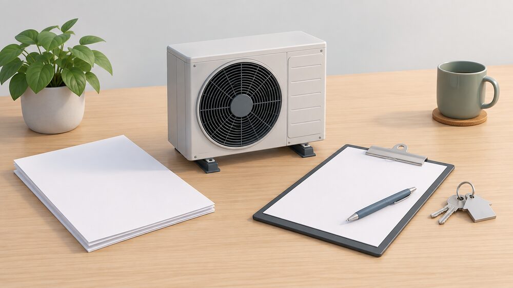 A small model of an air source heat pump outdoor fan unit stands on a table beside blank application paperwork, a clipboard with a pen, and a set of keys, suggesting a household weighing up grant routes for their home.