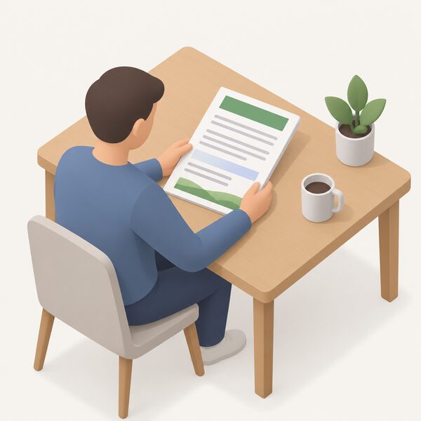 A printed copy of official Boiler Upgrade Scheme guidance for property owners lying on a plain table, shown as a physical document with its content as blank lines and plain colour bands, beside a simple isometric figure of a homeowner reading it.