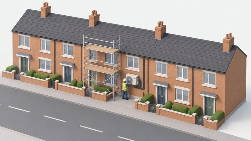 A terraced street of social housing with scaffolding against one house and a small isometric installer fitting an air source heat pump unit to the external wall beside the outdoor pipework.