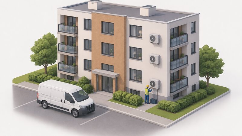 A plain maintenance van parked outside a block of flats where a small isometric figure works on an external heat pump unit, showing landlord-commissioned retrofit work underway across a housing block during a scheduled programme.