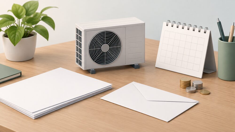 A small model of an air source heat pump unit stands on a desk beside blank paperwork, a blank envelope, a desk calendar and a few coins, suggesting the installer's deadline for redeeming a grant voucher.