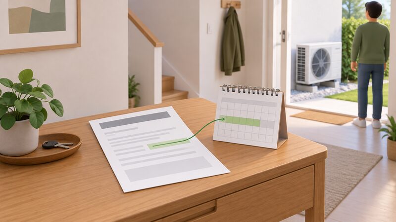 A heat pump commissioning certificate lying on a table in a home hallway, with the commissioning date field highlighted by a plain colour band, beside a simplified wall calendar showing a marked span of days leading from that date.