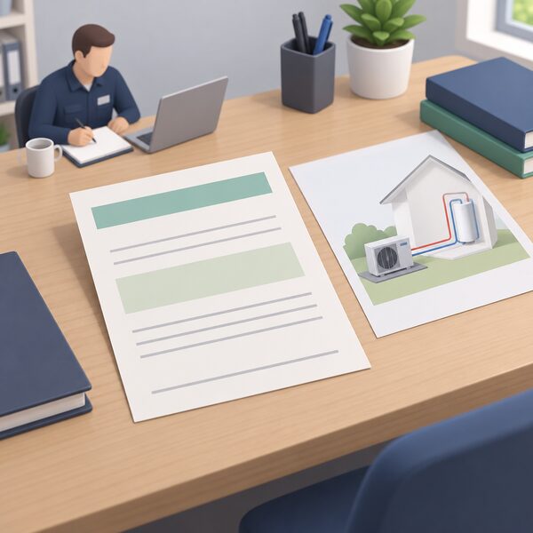 A plain paper voucher document lying on a desk in an installer's office, shown as a physical sheet with blank lines and plain colour bands where the grant value and details would be, beside a simple heat pump installation diagram, with no readable words or figures.