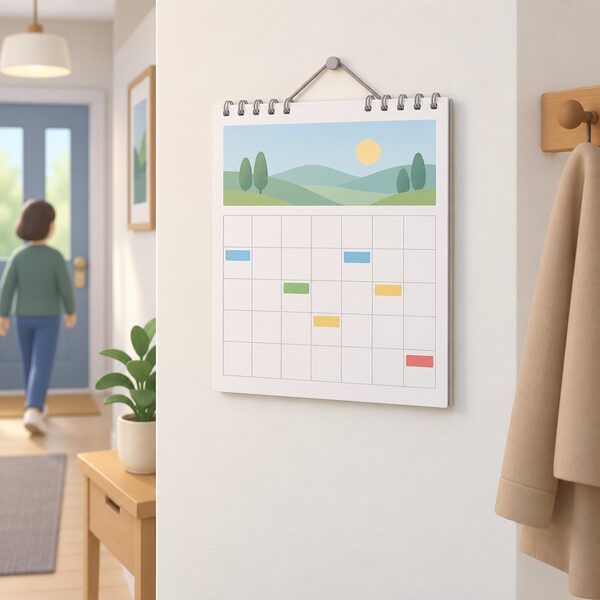 A wall calendar hanging in a home hallway, drawn as a physical object with a plain grid of blank day squares, where several squares carry simple colour highlight bands marking key scheme dates and one square near the end of the year carries a distinct closing marker band.