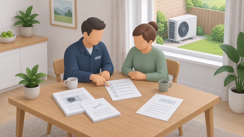 An installer and a homeowner stand together at a table indoors, the installer pointing through a paper checklist of blank tick boxes while commissioning documents and a voucher letter lie beside it, with an air source heat pump visible through the window outside.