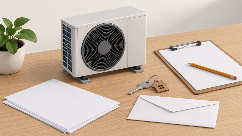 A small model of an air-to-water heat pump outdoor fan unit stands on a wooden table beside blank application paperwork, a blank voucher envelope and a house key, with a clipboard and pencil resting nearby.