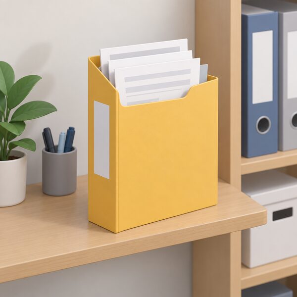 A tidy archive folder of installation paperwork stored on a shelf in an installer's office, shown as a physical folder with blank document sheets inside, kept safe for the six-year retention period after a voucher application.