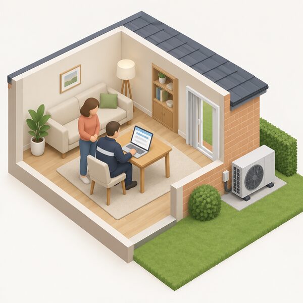 An MCS certified installer, shown as a small isometric figure, sits at a laptop in a homeowner's living room applying for a Boiler Upgrade Scheme voucher on the owner's behalf, with the homeowner standing nearby and a heat pump visible outside the property.