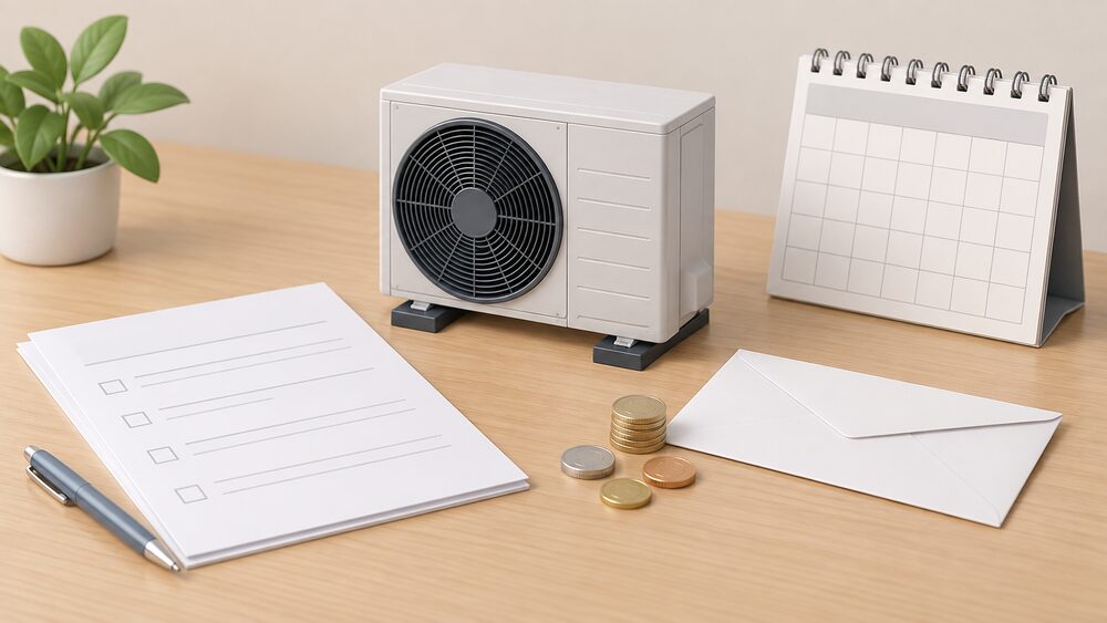 A small model of an air source heat pump standing on a table beside a blank application form, a sealed envelope, a few coins and a plain wall calendar, suggesting a household applying for a home energy grant.