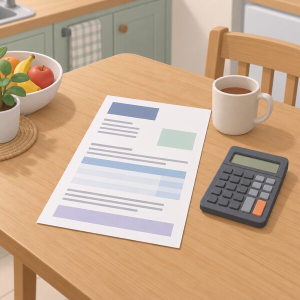 A quarterly payment statement letter lying flat on a domestic kitchen table beside a simple calculator, its content shown only as blank lines and plain colour bands, with a plain mug nearby to set the household scene.