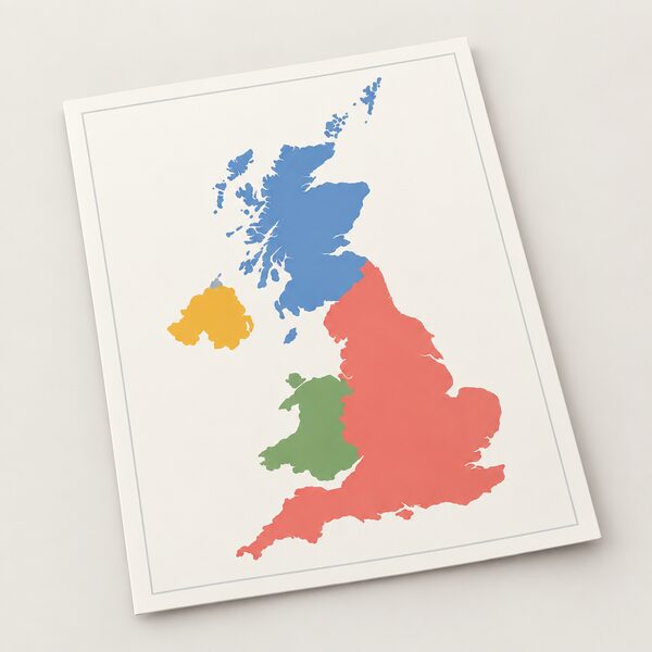 A simplified map of the United Kingdom drawn as a printed sheet, with Great Britain and Northern Ireland shown as plain colour-blocked shapes distinguishing the four nations, no names or figures.