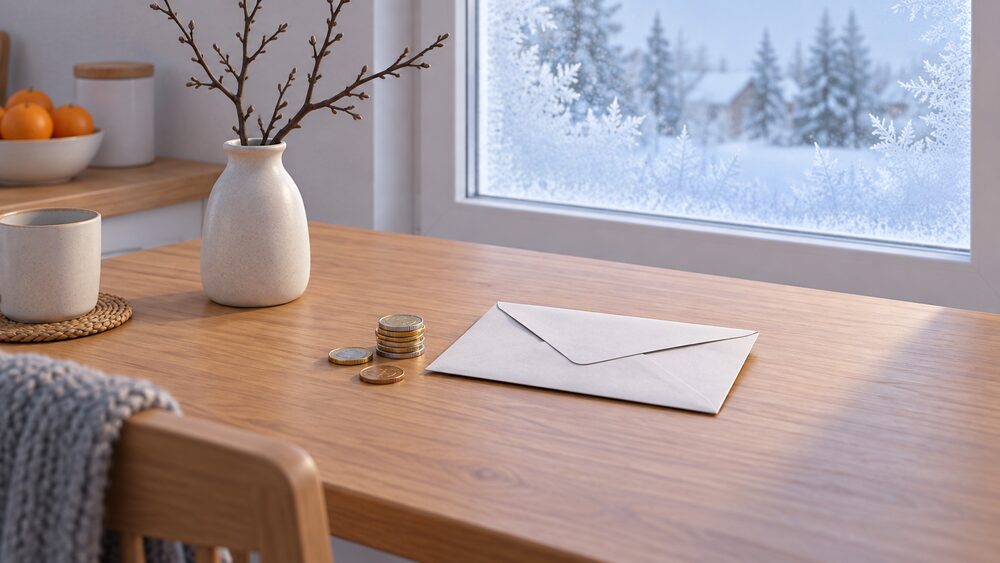 A small stack of coins and a plain sealed envelope lying on a kitchen table beside a frosted window pane, with a bare leafless twig in a simple vase, suggesting a cold winter week and an automatic payment arriving without any application.