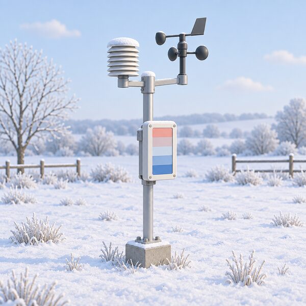 A small weather station on open ground recording local temperature, shown as a simplified isometric scene with a mast-mounted sensor unit, a thermometer-style display panel with blank bands, and a frosty winter landscape suggesting a cold spell in the station's postcode area.