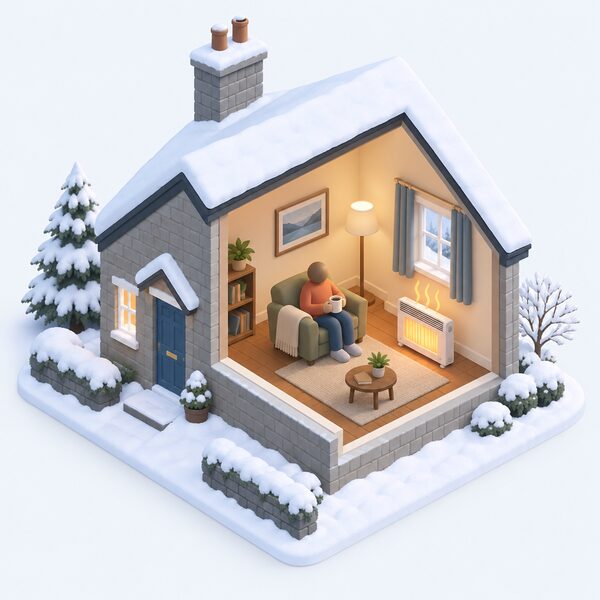 A small Scottish house in winter with snow lying outside while inside a simplified isometric figure sits comfortably in a warm living room beside a radiating heater, showing a household receiving the Winter Heating Payment regardless of the cold weather conditions in the area.