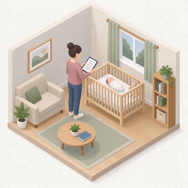 A simple isometric living-room corner of a UK home with a baby's cot as the focus, a small simplified figure of a parent standing beside it, and a letter or tablet showing blank lines nearby to suggest reporting the new arrival.