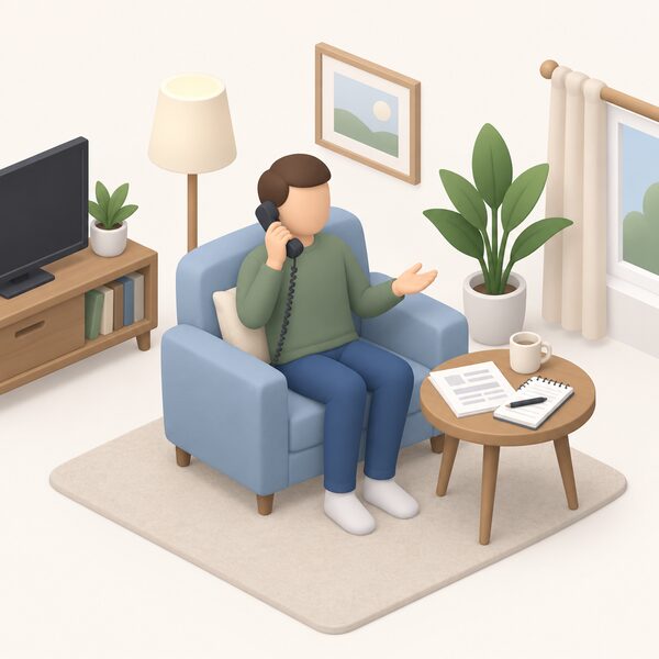A person at home sitting in a living room chair holding a telephone handset to their ear, chasing a missing payment, with a paper letter and a notepad resting on a small side table beside them.