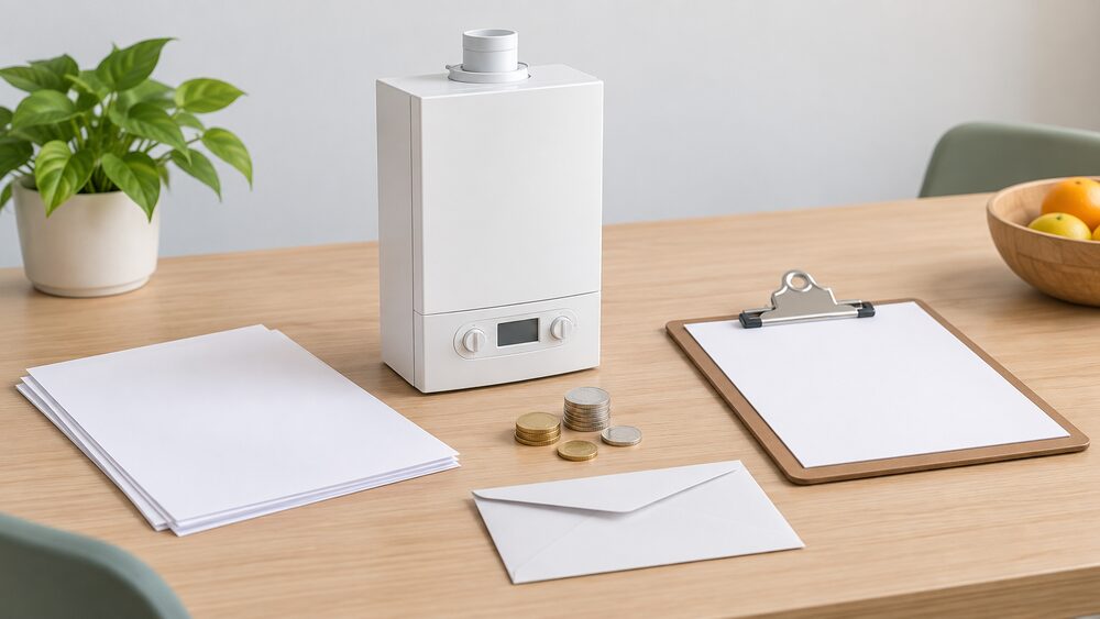 A small model of a wall-hung condensing gas boiler sits on a kitchen table beside blank application paperwork, a plain envelope, a clipboard with a blank sheet and a few coins, suggesting a grant application for a condemned boiler replacement.