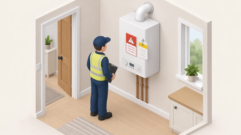 A wall-mounted gas boiler in a home with a warning label and safety notice attached to its casing, an isometric gas engineer standing beside it having just finished the inspection, the notice shown as a physical tag with plain colour bands and blank lines carrying no readable words.