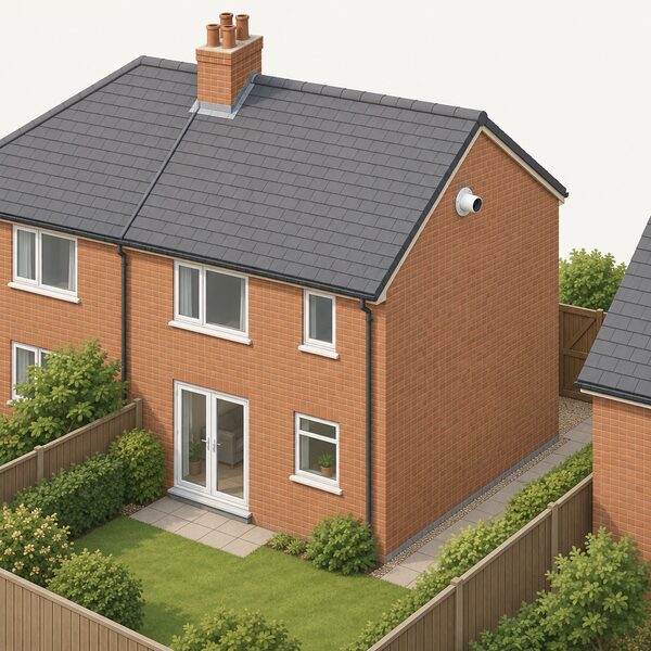 A modest British semi-detached brick house seen from outside, with a round white gas boiler flue terminal set high in the rear exterior wall, a small garden path and plain neighbouring roofs around it.