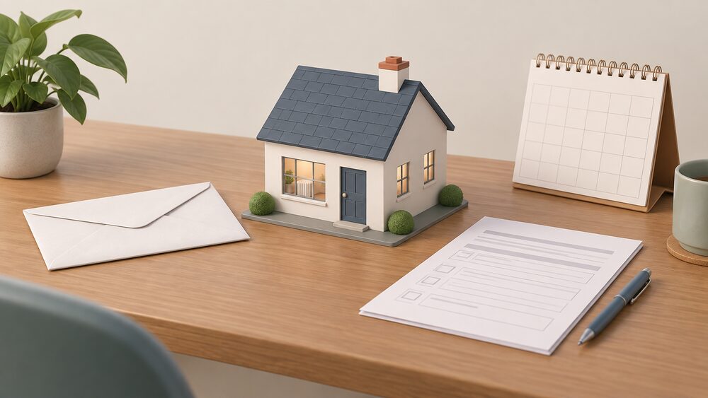 A small model house with a tiny radiator visible through its window stands on a table beside a closed official-looking envelope, a blank application form and a wall calendar, suggesting a household seeking a heating grant scheme.