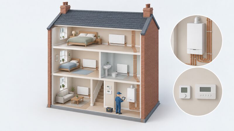 A cutaway terraced house with a newly installed wall-mounted boiler, radiators on each floor connected by visible pipework, and a room thermostat and programmer on the wall, while a simplified installer figure checks the system with a tool.