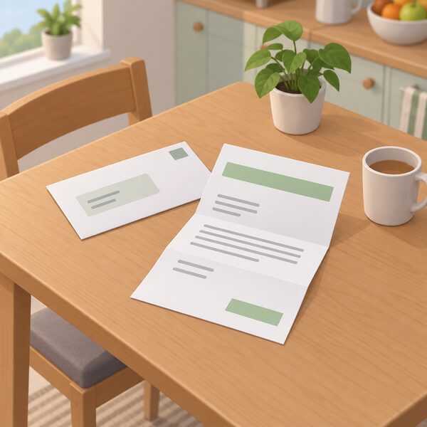A plain envelope and a folded letter about a home energy scheme lying on a kitchen table in a home, with blank lines and plain colour bands standing in for any wording, showing the paperwork side of applying to a scheme.